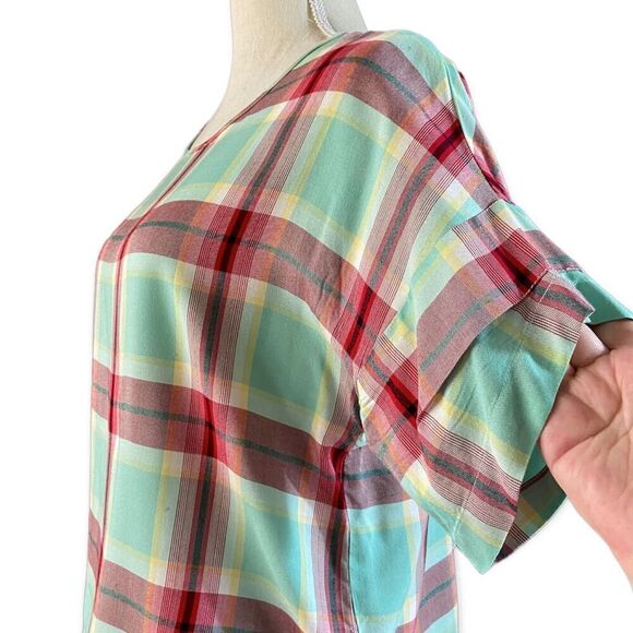 Kenzie Turquoise Red Plaid Boxy Top XS - Picture 3 of 6
